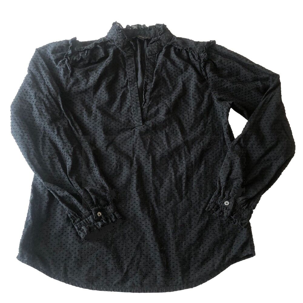 j crew Women’s Ruffle Trim V Neck Popover In Dote Semi Sheer Black Size XXS